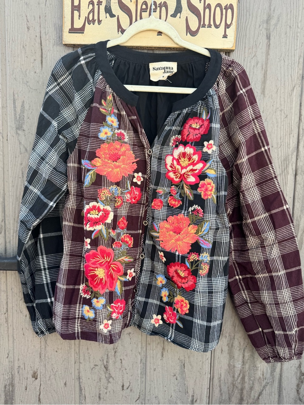 Savanna Jane Black & Burgundy Plaid Embroidered Blouse